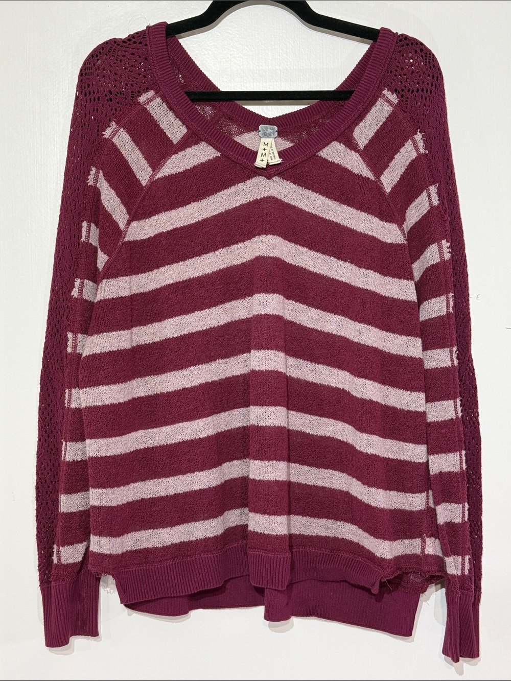 We The Free Striped Wine and Light Gray long Sleeve Sweater Size Medium